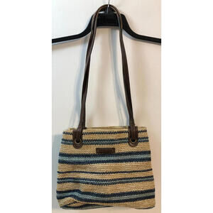 Rosetti Shoulder Handbag Purse Crochet Straw Faux Leather Multi Color Tan/Blue